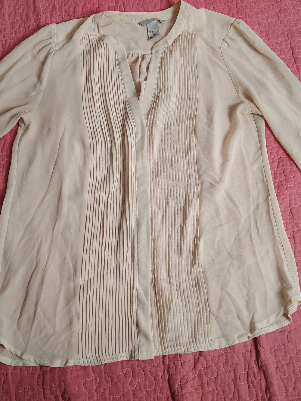H&M Cream Pintuck Front Long-Sleeve Blouse